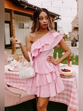 Entro Pink One Shoulder Ruffle Tiered Mini Dress Size M